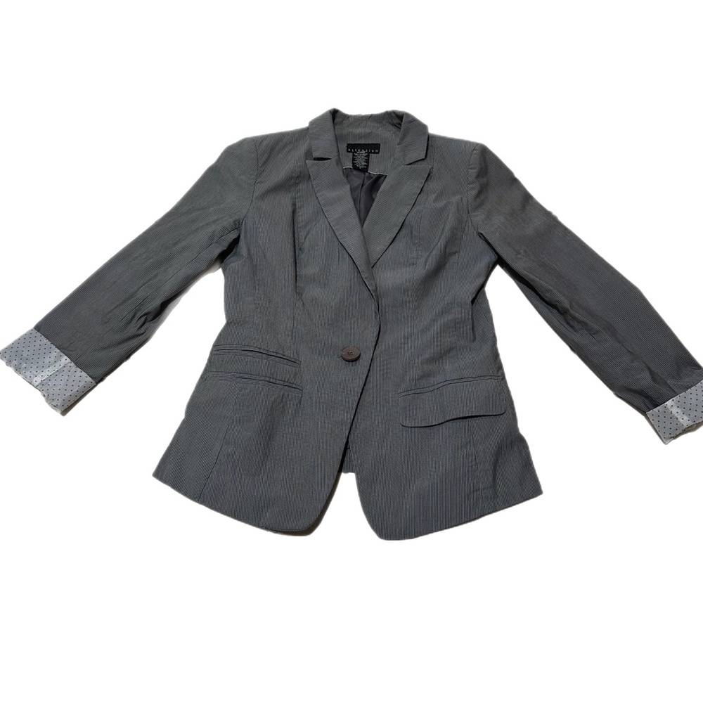 Grey and white pinstripe blazer with polka dot cuffs